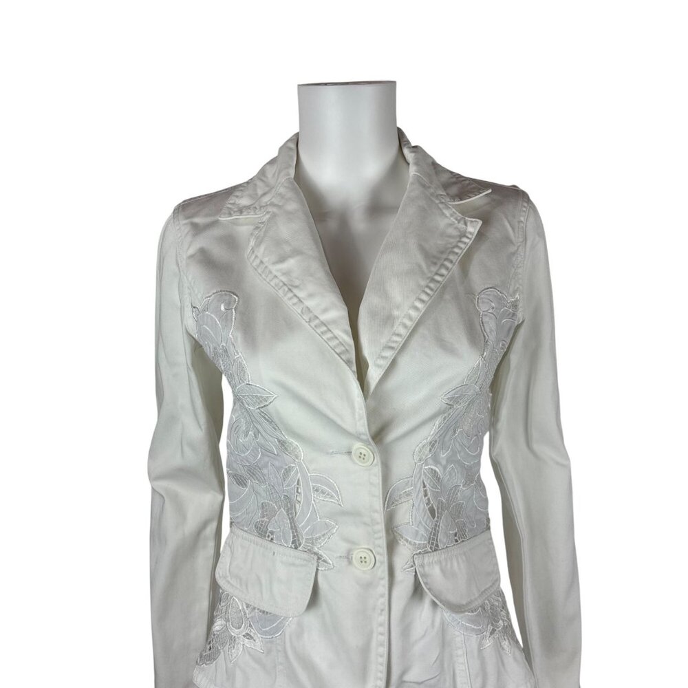Together White Denim Jacket Small 6 Floral Inset Lace Cotton Spring Blazer - Picture 3 of 11